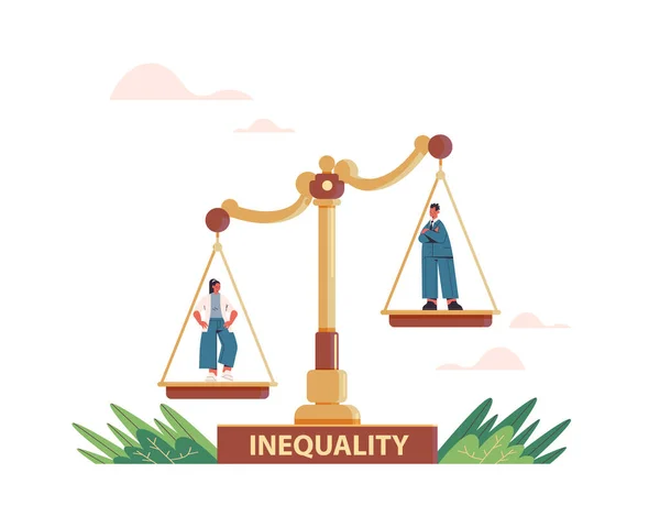 Empresário e empresária em escala conceito de desigualdade empresarial —  Vetores de Stock