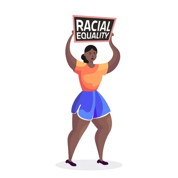 Mujer afroamericana activista sosteniendo cartel contra el racismo igualdad racial justicia social detener la discriminación — Vector de stock