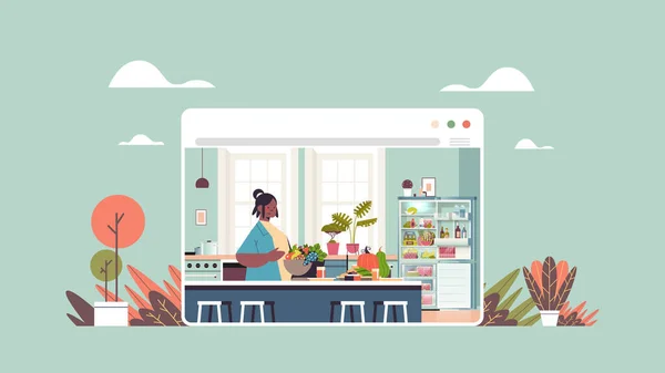 Kobieta przygotowanie zdrowej żywności w domu online gotowanie koncepcja nowoczesne wnętrze kuchni — Wektor stockowy