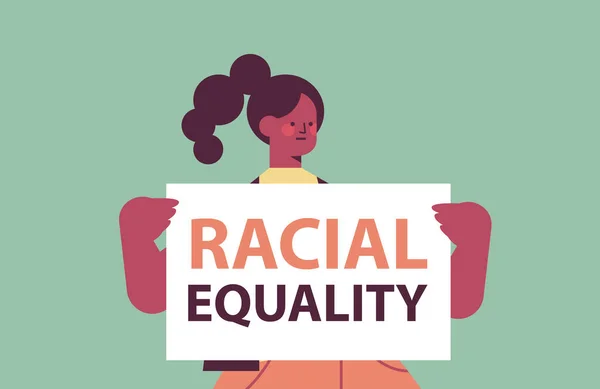 Vrouw activist holding stop racisme poster raciale gelijkheid sociale rechtvaardigheid stop discriminatie concept — Stockvector