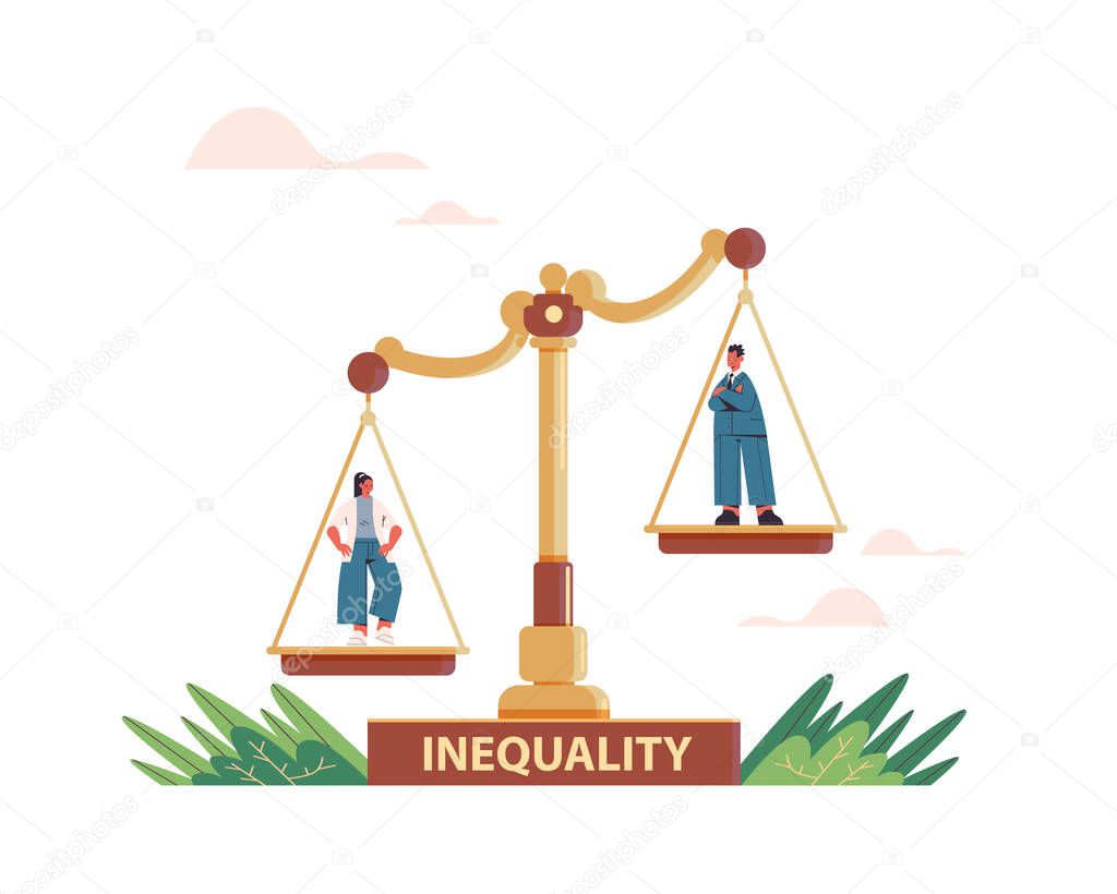 businessman and businesswoman on scales business corporate inequality concept