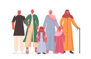 Geleneksel giysiler içindeki Arap çok nesilli aile mutlu büyükanne ve büyükbaba ve çocuklar bir arada.