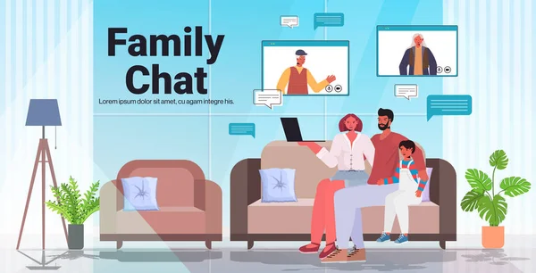 Padres e hijos teniendo una reunión virtual con los abuelos durante la videollamada concepto de comunicación de chat familiar — Vector de stock