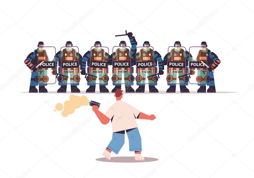 policemen in full tactical gear riot police attacking protester during clashes demonstration protest control concept full length horizontal vector illustration
