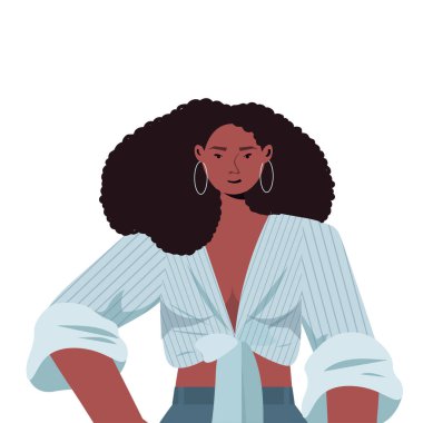 Günlük moda kıyafetleri içinde genç bir kadın Afro-Amerikan kadın çizgi film karakteri portresi