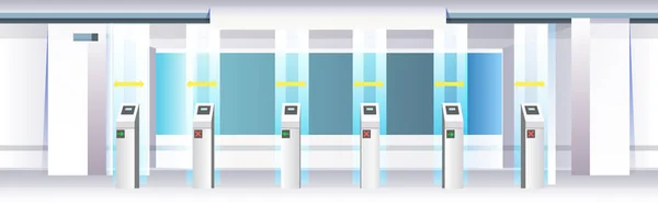 Catraca moderna em metrô com sinais de distanciamento social coronavírus medidas de proteção epidêmica conceito entrada da estação ferroviária — Vetor de Stock