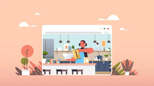 Mujer feliz preparación de alimentos en la ventana del navegador web concepto de cocina en línea — Archivo Imágenes Vectoriales