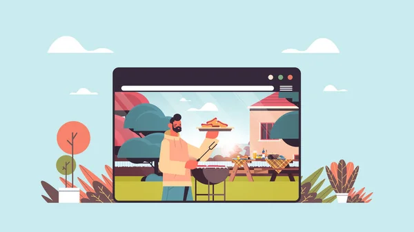 Hombre feliz preparando salchichas barbacoa en casa picnic en el patio trasero concepto de cocina en línea — Archivo Imágenes Vectoriales