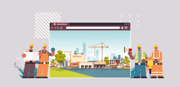 Constructores e ingenieros en uniforme de trabajo en el sitio de construcción concepto de edificio digital ventana del navegador web — Archivo Imágenes Vectoriales