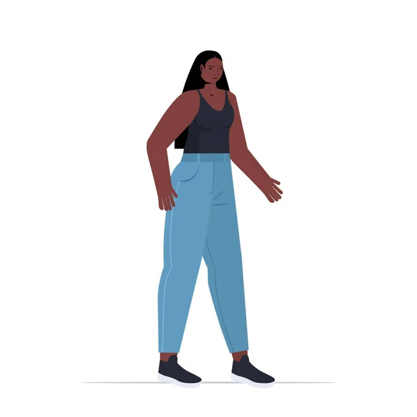 Jonge vrouw in casual trendy kleding Afrikaans amerikaanse vrouw cartoon karakter staande pose volledige lengte — Stockvector