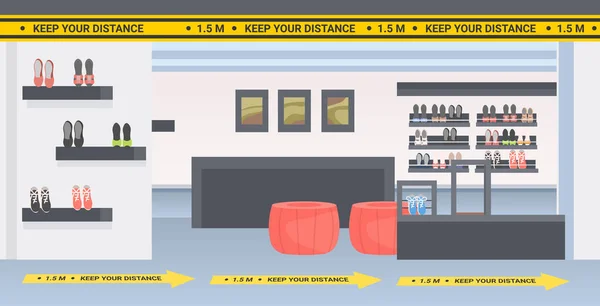 Modeboutique mit Schildern für soziale Distanzierung Gelbe Aufkleber Coronavirus-Epidemie Schutzmaßnahmen — Stockvektor