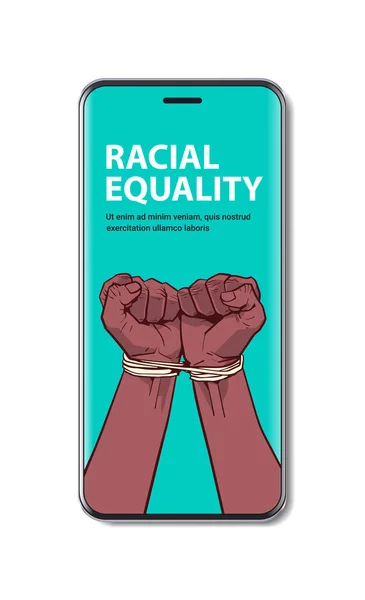 Αφρικανική αμερικανική μαύρη γροθιές δεμένα με σχοινί στην οθόνη smartphone σταματήσει ρατσισμό φυλετική ισότητα μαύρες ζωές θέμα — Διανυσματικό Αρχείο