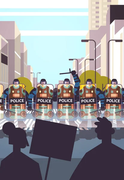 Policiais motim controlando manifestantes de rua com cartazes durante confrontos manifestação protesto motins massa — Vetor de Stock