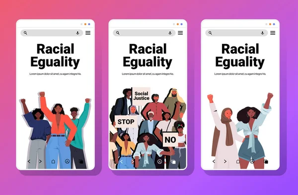 Activistas afroamericanos levantados de las manos la igualdad racial la justicia social detener la discriminación — Vector de stock