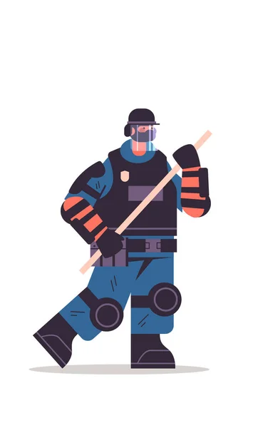 Policier en équipement tactique complet tenant bâton anti-émeute manifestants policiers et concept de contrôle des manifestations — Image vectorielle