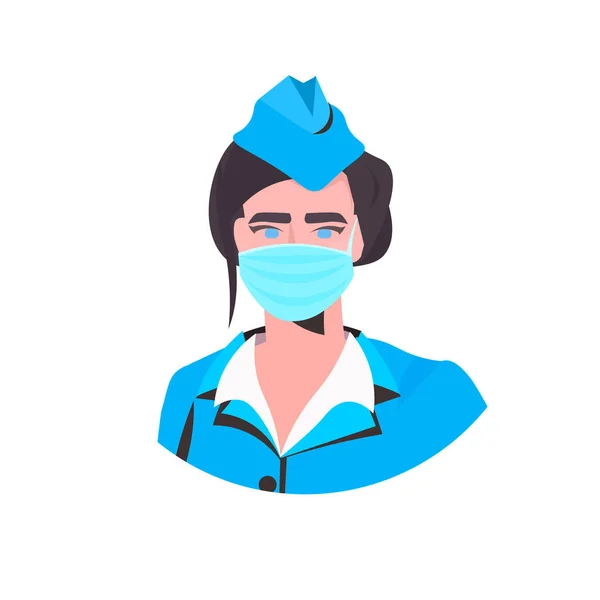 Stewardess in uniform draagt gezichtsmasker om coronavirus pandemische covid-19 quarantaine concept te voorkomen — Stockvector