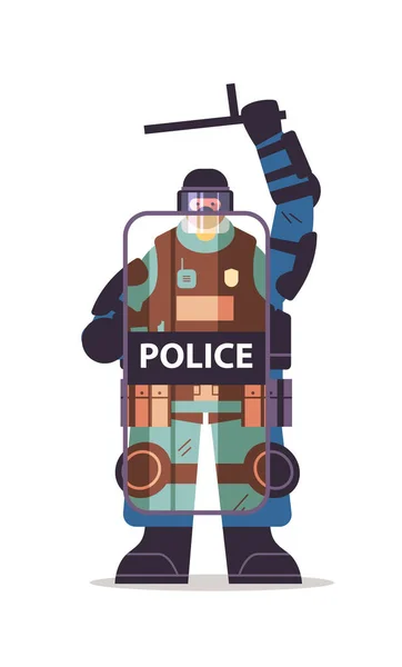 Poliziotto in pieno equipaggiamento tattico con scudo e bastone antisommossa manifestanti ufficiali di polizia e controllo dimostrazioni — Vettoriale Stock
