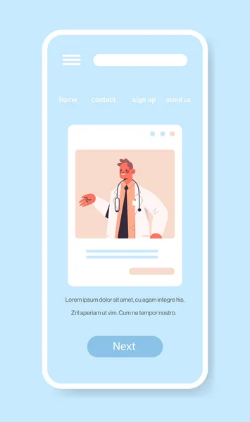 Médico masculino en la pantalla del teléfono inteligente consultar al paciente consulta en línea medicina médica consejo médico — Archivo Imágenes Vectoriales