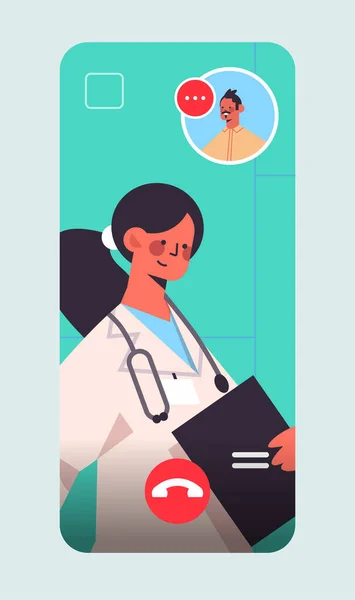 Kvinnlig läkare konsultera manliga patienten under videosamtal online konsultation sjukvård medicin koncept — Stock vektor