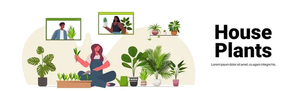 Vrouw planten kamerplanten in pot huisvrouw verzorgen van haar planten woonkamer interieur — Stockvector
