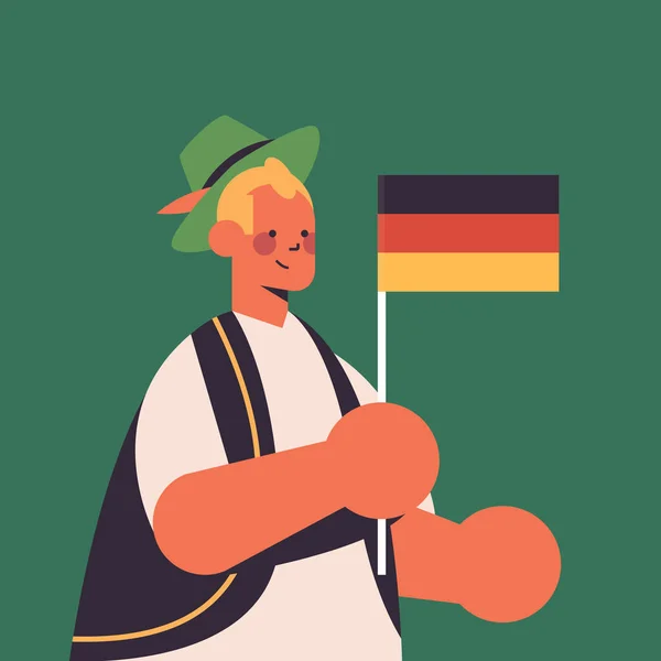 Chico celebración de Alemania bandera Oktoberfest fiesta celebración concepto hombre en ropa tradicional divertirse — Vector de stock