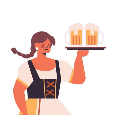 Garson kız elinde bira kupaları, Ekim Festivali parti konsepti.