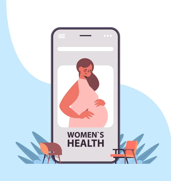 Беременная женщина пациент на экране смартфона с помощью мобильного приложения онлайн гинекологии консультации здравоохранения — стоковый вектор