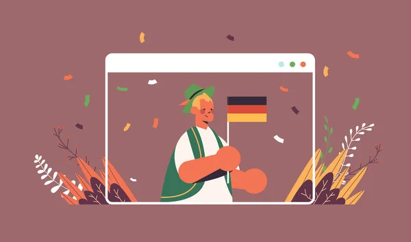 Alman bayrağı tutan adam Ekim Festivali parti konsepti geleneksel giysiler içinde eğleniyor. — Stok Vektör