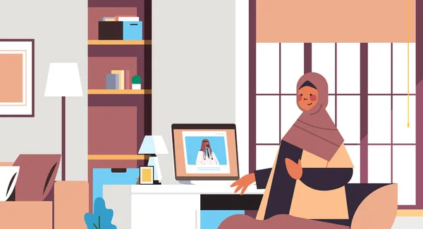 アラビア語ラップトップ画面上の医師アラビア語女性患者オンライン相談医療 — ストックベクタ