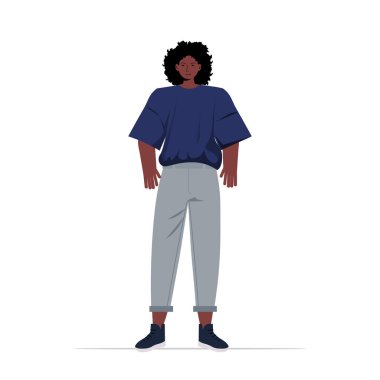 Günlük moda kıyafetleri içinde genç bir kadın. Afro-Amerikan kadın çizgi film karakteri ayakta duruyor.