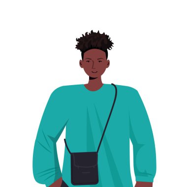 Günlük moda kıyafetleri içindeki genç adam Afro-Amerikan erkek çizgi film karakteri portresi