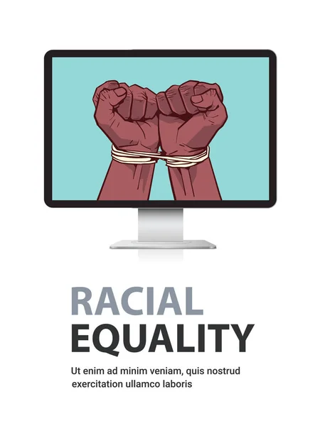 Afrikanisch-amerikanische schwarze Fäuste mit Seil auf Monitor Bildschirm gebunden stoppen Rassismus Rassengleichheit schwarze Leben wichtig — Stockvektor