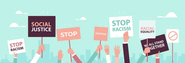 Activistas que sostienen carteles de alto el racismo igualdad racial justicia social detener concepto de discriminación — Vector de stock