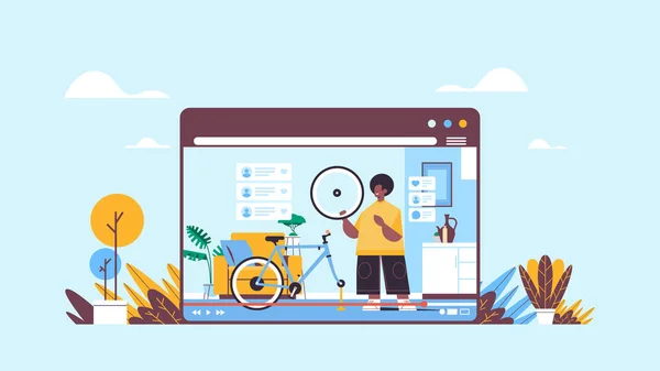 男性博客修整自行车在线视频博客直播博客概念 — 图库矢量图片