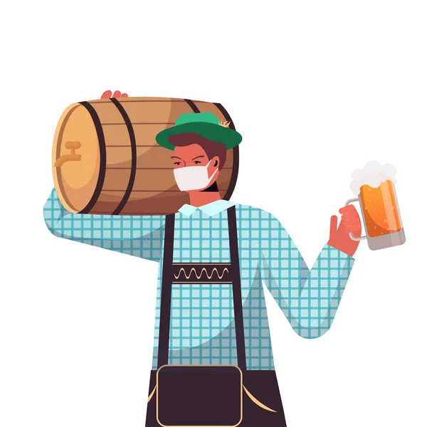 Homme en masque médical tenant tonneau de bière et tasse Oktoberfest fête célébration coronavirus quarantaine — Image vectorielle