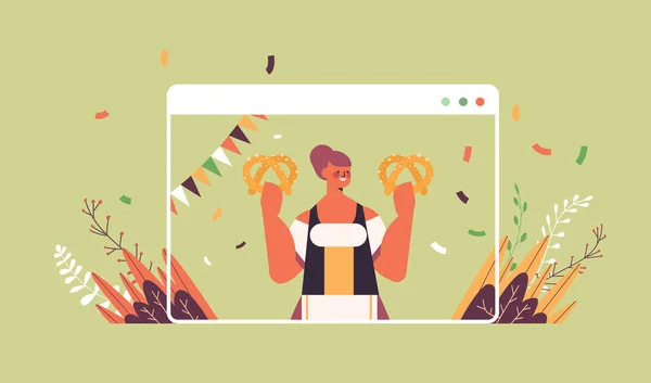 Chica camarera celebración salado pretzel Oktoberfest fiesta celebración concepto — Archivo Imágenes Vectoriales