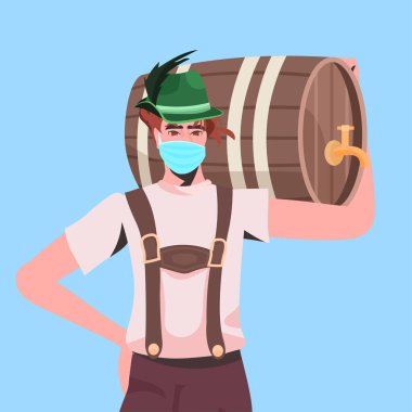 Elinde bira fıçısı olan tıbbi maskeli adam Oktoberfest Parti Coronavirus Karantina Konseptini kutluyor