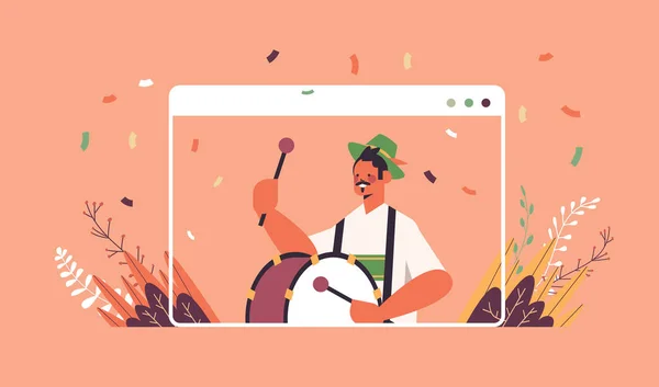 Músico tocando tambor Oktoberfest fiesta celebración concepto hombre en ropa tradicional alemana divertirse — Archivo Imágenes Vectoriales