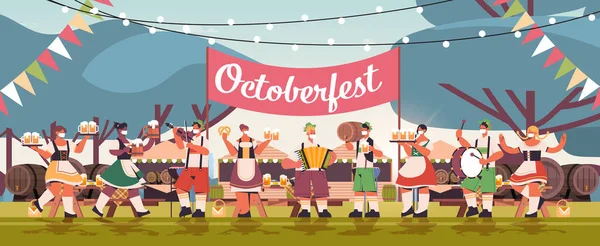 Menschen in Gesichtsmasken, Bier trinkend und Spaß beim Oktoberfest-Feiern — Stockvektor