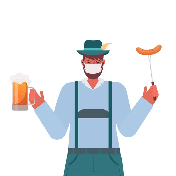 Muž v lékařské masce drží pivní hrnek a klobása Oktoberfest party oslavy koronavirus karantény — Stockový vektor