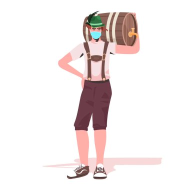 Elinde bira fıçısı olan tıbbi maskeli adam Oktoberfest Parti Coronavirus Karantina Konseptini kutluyor