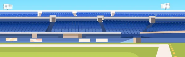 Пустой футбольный стадион с зеленой лужайкой и голубыми трибунами — стоковый вектор