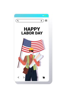 ABD bayrak bayrağı taşıyan üniformalı mimar Coronavirus 'u önlemek için maske takıyor.