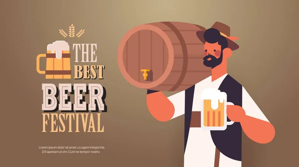 Serveur tenant tonneau et tasse festival de bière Oktoberfest fête concept de célébration — Image vectorielle