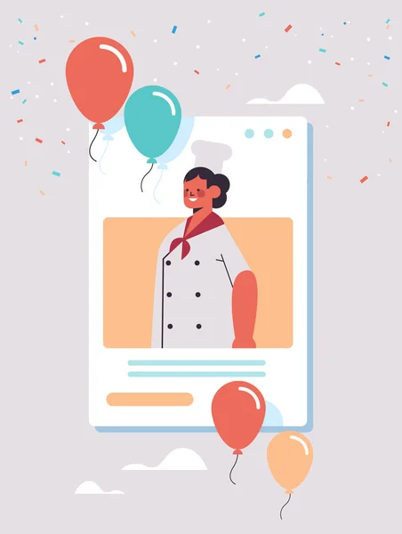 Σεφ με στολή γιορτάζει την ημέρα εργασίας εργαζόμενος στο web browser παράθυρο σε απευθείας σύνδεση απομόνωση επικοινωνίας — Διανυσματικό Αρχείο