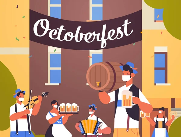 Άνθρωποι που κατέχουν κούπες μπύρας και παίζουν μουσικά όργανα Oktoberfest έννοια γιορτή κόμμα — Διανυσματικό Αρχείο