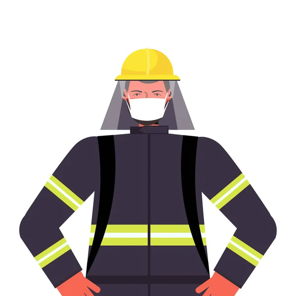 Tűzoltó egyenruhában maszkot visel, hogy megakadályozza a koronavírus világméretű munkanap ünneplés koncepció — Stock Vector
