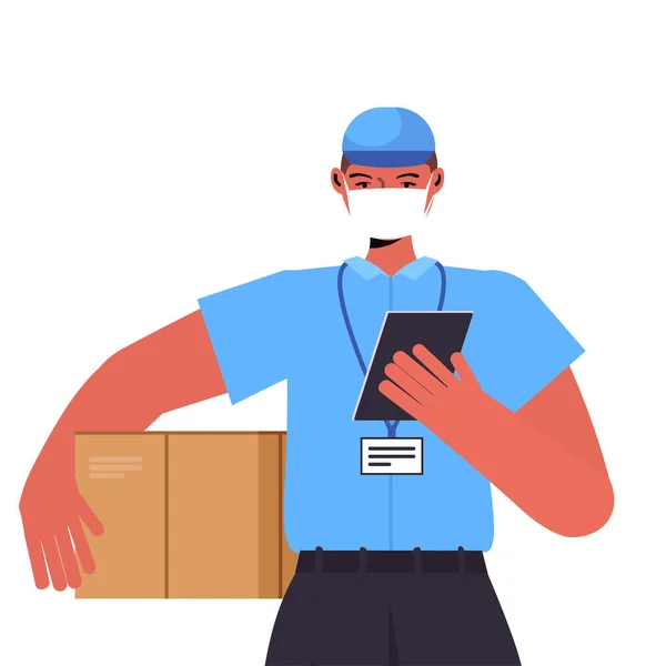 Hombre de entrega en uniforme con caja de cartón con máscara para prevenir la pandemia de coronavirus auto aislamiento día de trabajo — Vector de stock