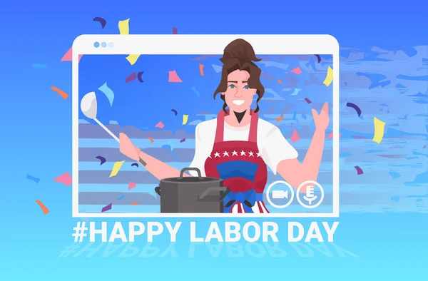 Chef wearing apron with USA flag happy labor day celebration online communication self isolation — Stock Vector