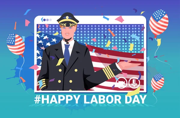 Piloto em uniforme segurando bandeira dos EUA feliz dia do trabalho celebração auto isolamento conceito de comunicação on-line — Vetor de Stock